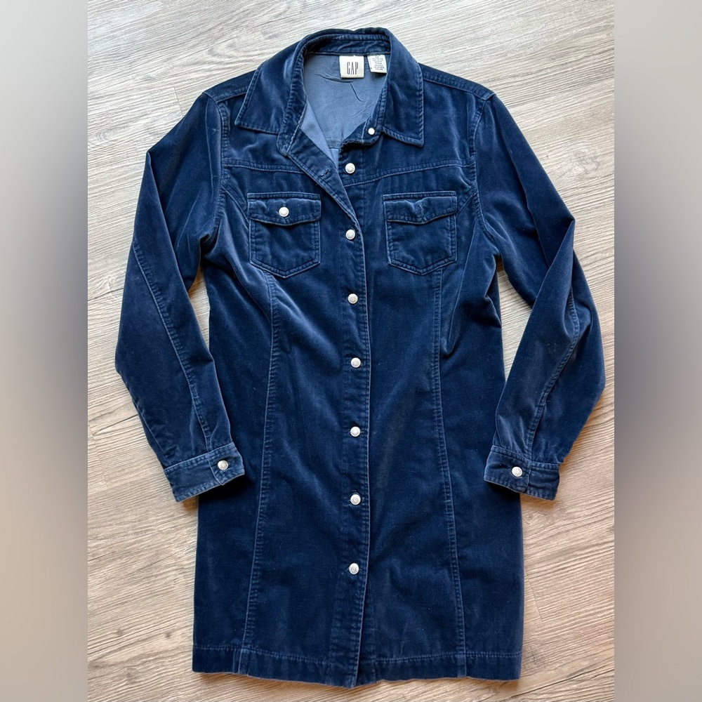 GAP Navy Crushed Velvet Shirt Dress Long Sleeve Size 12 Tailored Fit